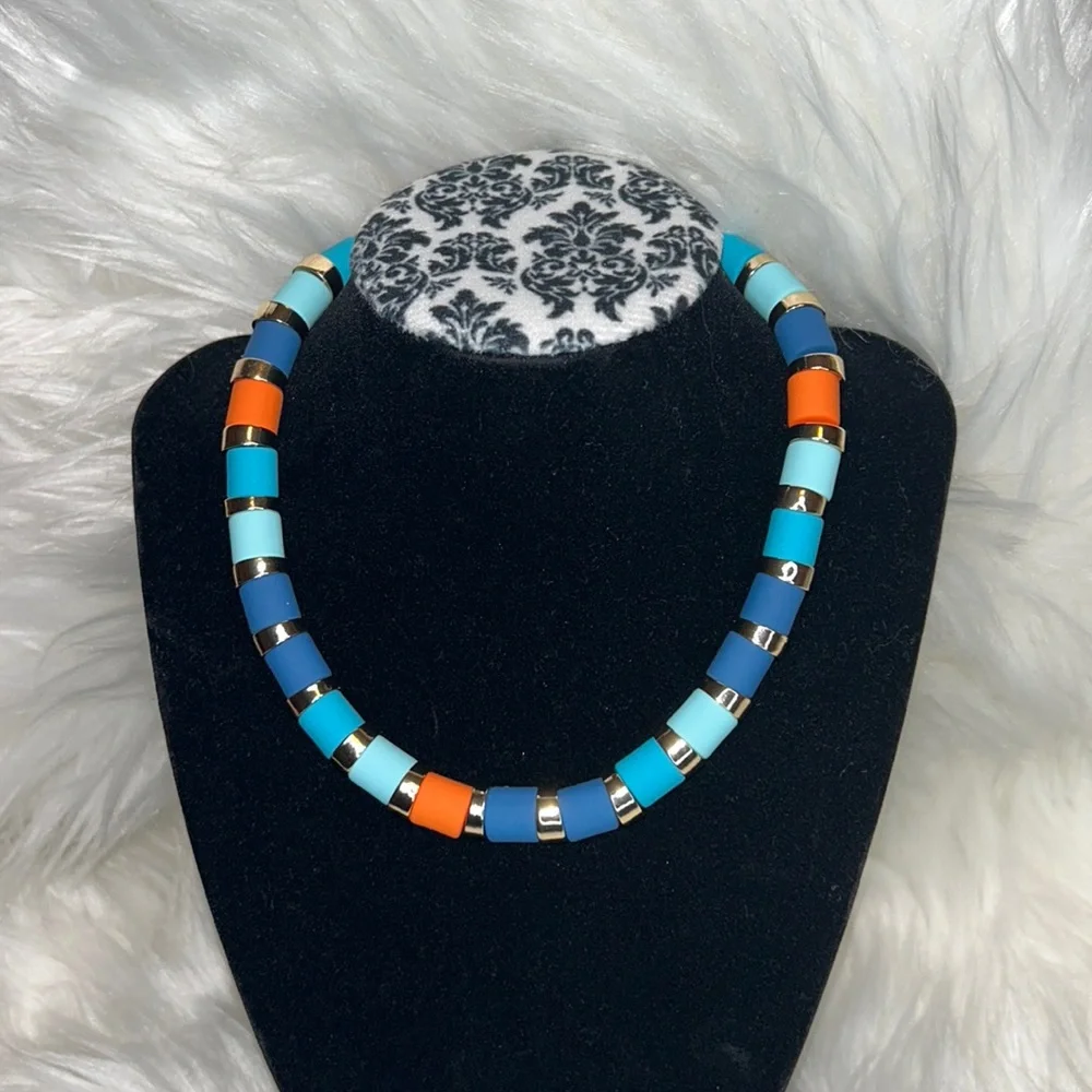 NWT ISAAC MIZRAHI Necklace Orange, Blue & Gold - Picture 3 of 7